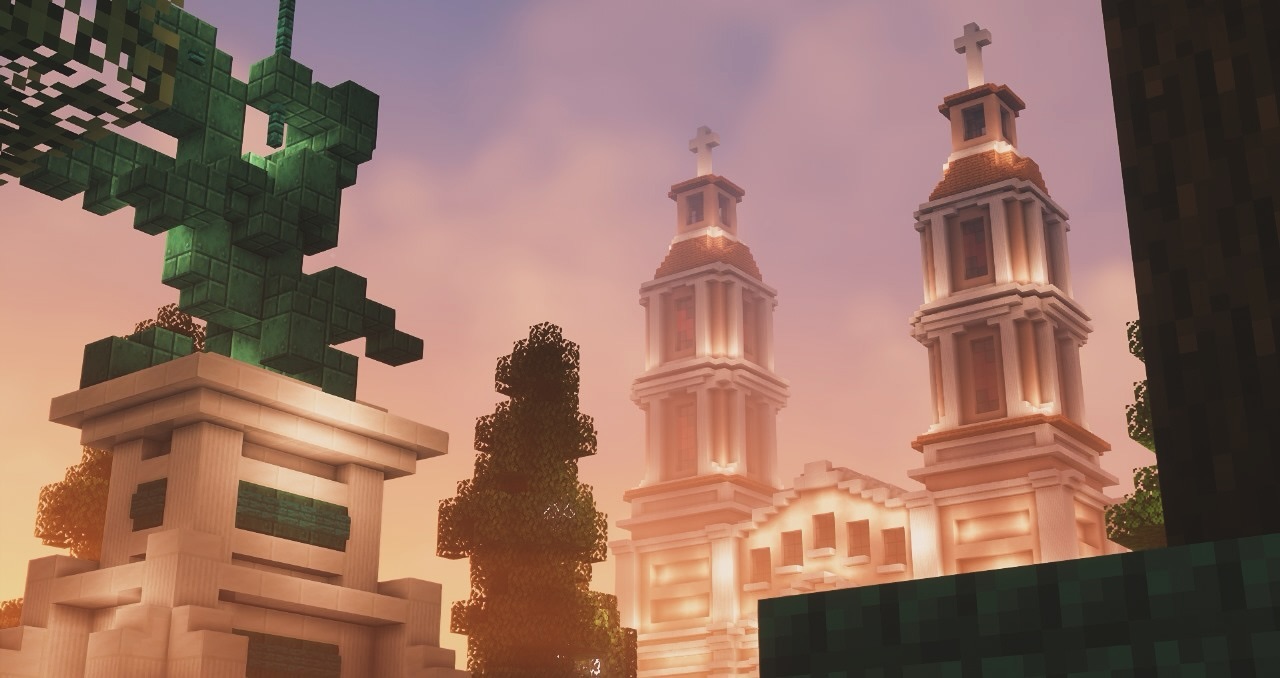 La catedral de Rancagua recreada en Minecraft, con sus dos torres al atardecer.
